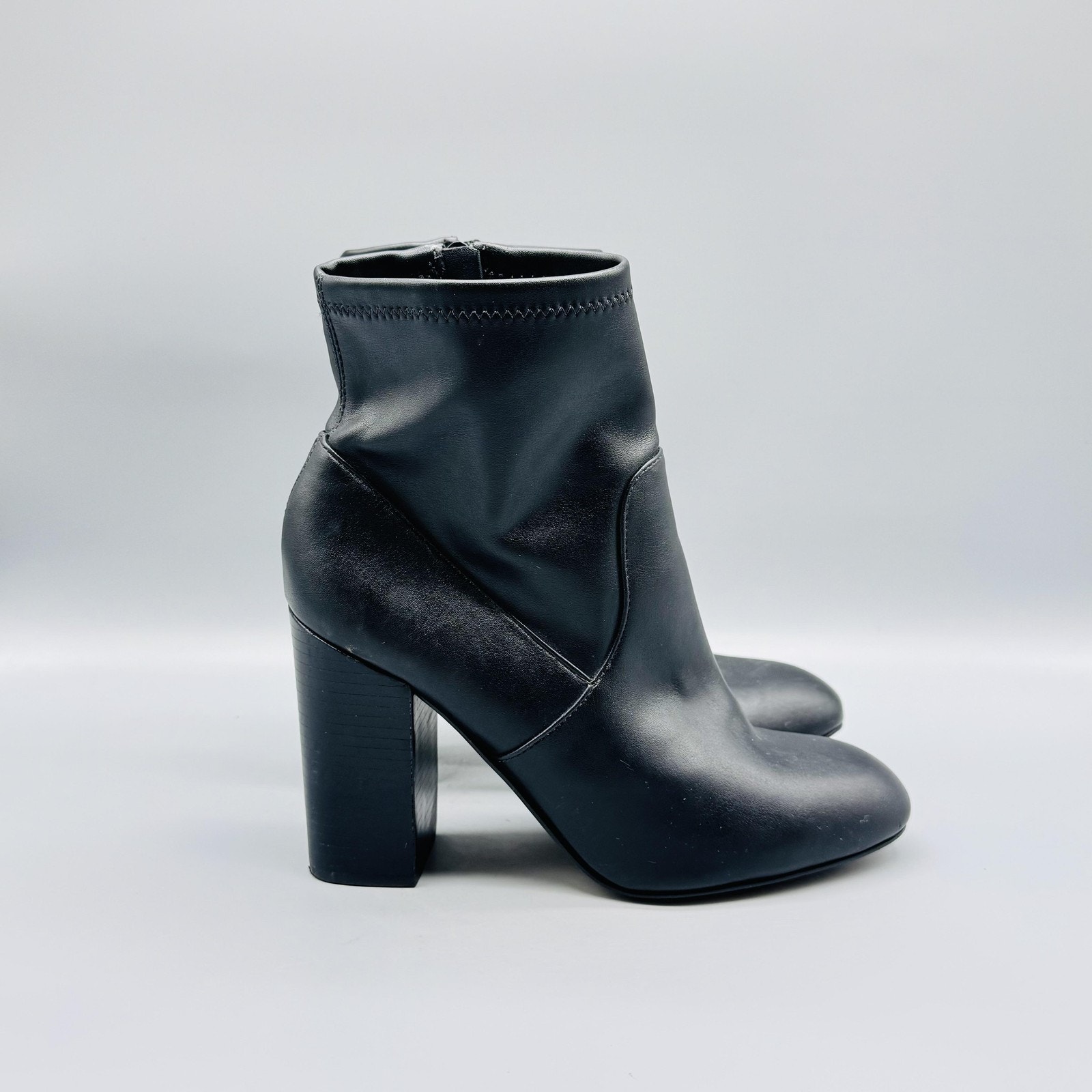 Rebecca Minkoff Boots Women 8.5 Black Leather Ankle Booties Zip Block High Heel